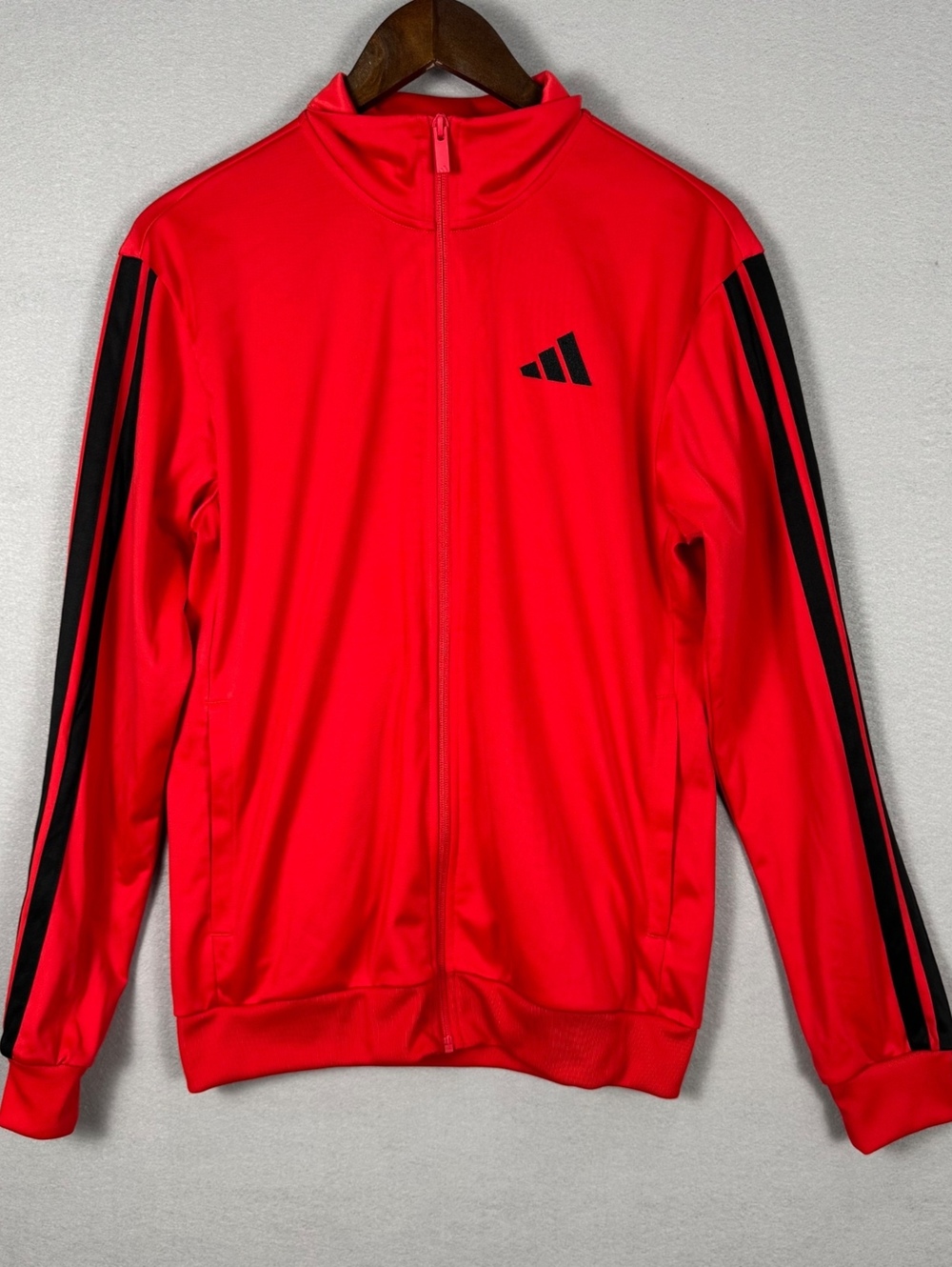 Adidas Men's Small Red Track Jacket with Black Stripes